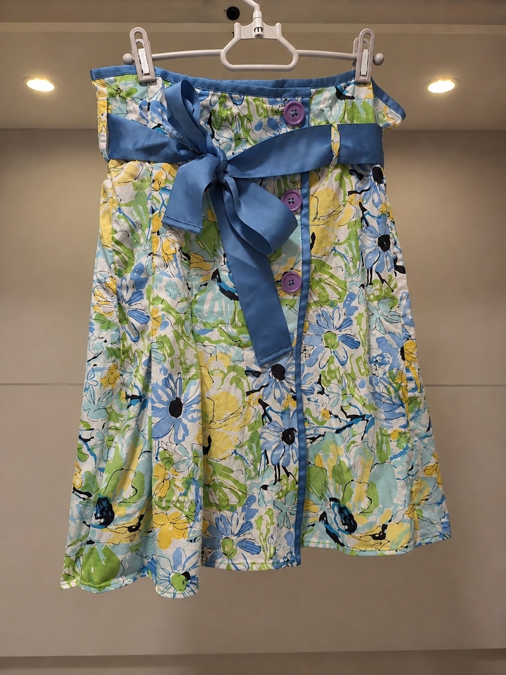 Floral A-Line Wrap Skirt Button Front Removable Ribbon Belt